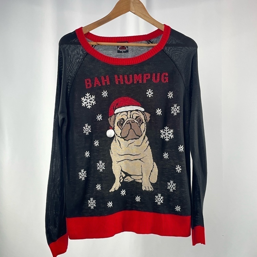 Holiday Sweater‎ Bah HumPug Pug in a Santa hat Christmas Sweater in Black Large